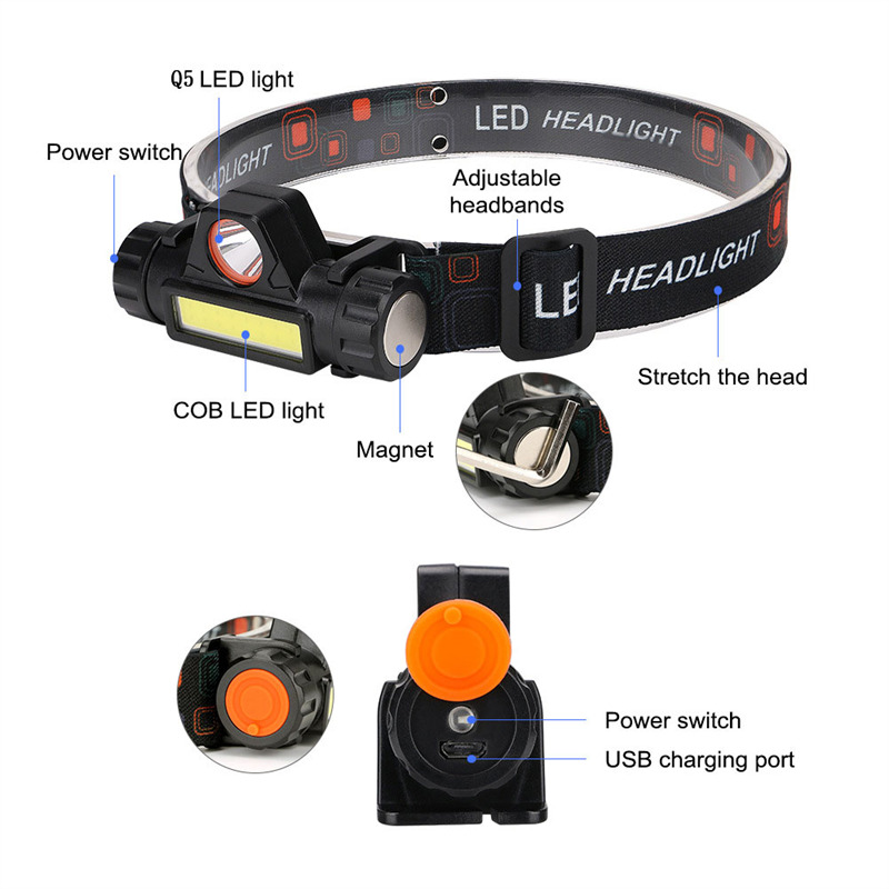 COB headlight rechargeable waterproof LED headlamp