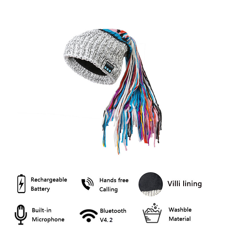 bluetooth music knitted hat wireless headset long braid beanie