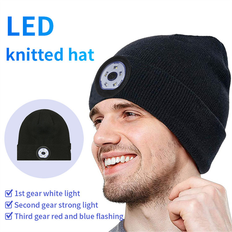 knitted lighting hat 3 light modes rechargeable led beanie headlight