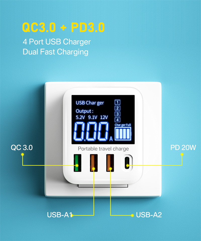 40W LCD Display Fast Charging Type C PD USB Charger 4ports For iPhone Samsung