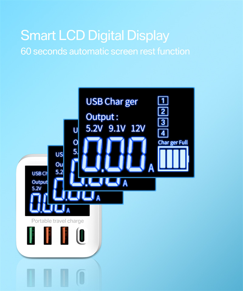 40W LCD Display Fast Charging Type C PD USB Charger 4ports For iPhone Samsung