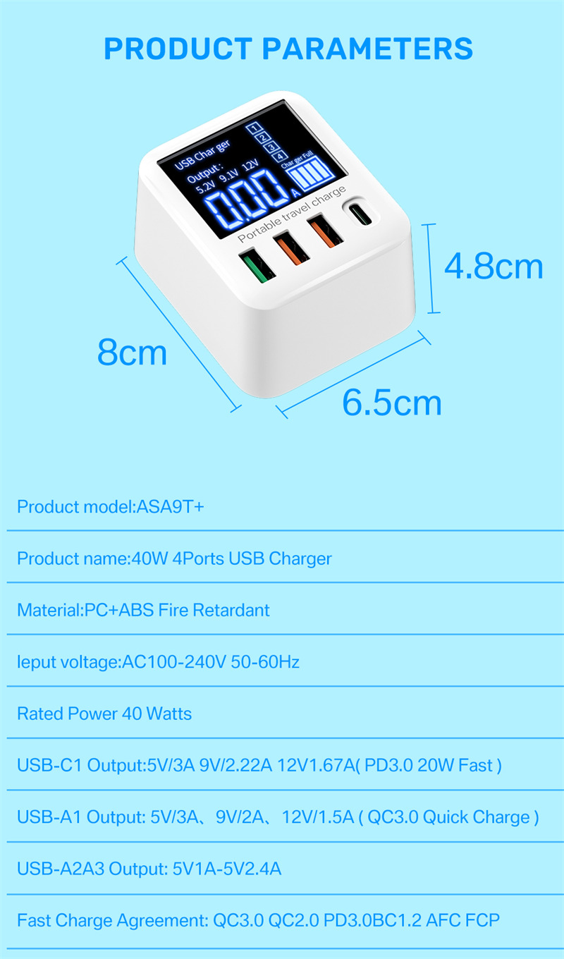 40W LCD Display Fast Charging Type C PD USB Charger 4ports For iPhone Samsung