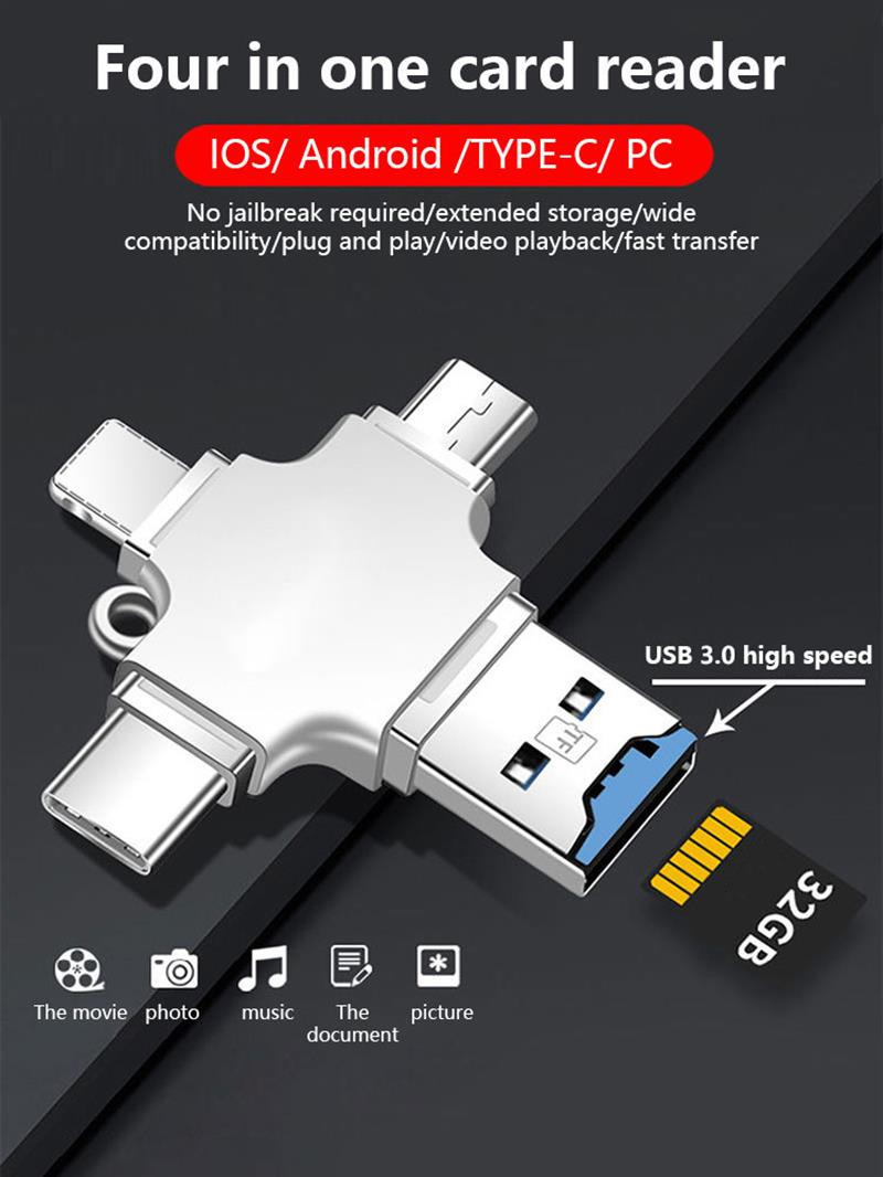 4 in 1 mobile usb otg adapter typec card reader for iphone android