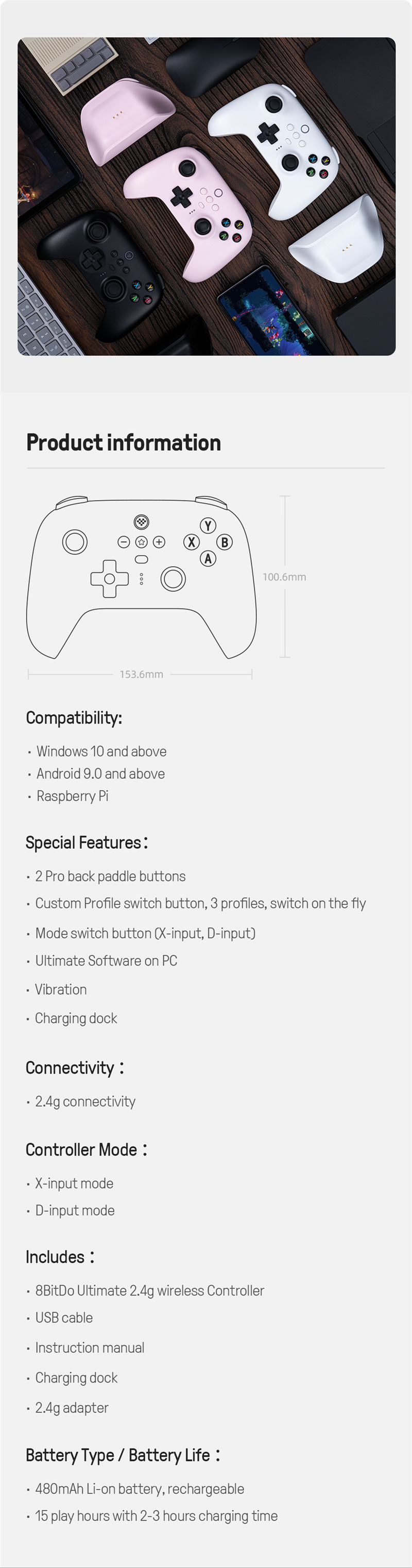 8bitdo ultimate wireless 2.4G game controller for pc steam android