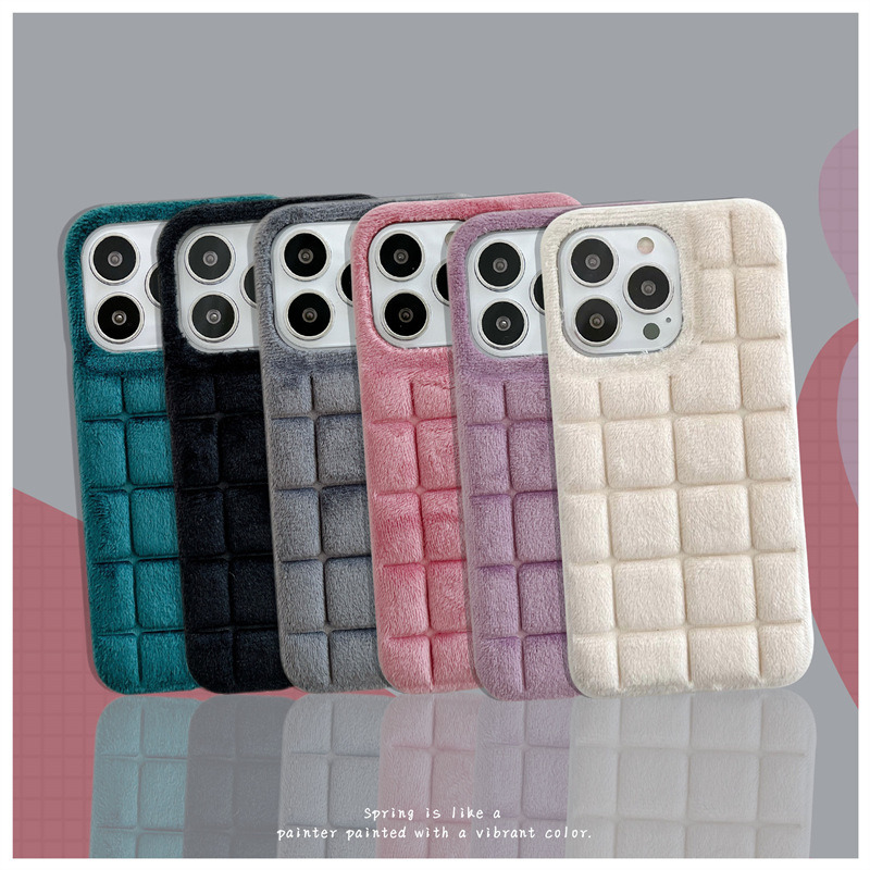 fur winter warm plush square lattice hard case for iphone 14 pro plus max