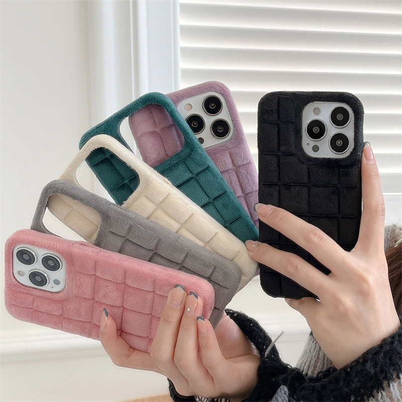 fur winter warm plush square lattice hard case for iphone 14 pro plus max