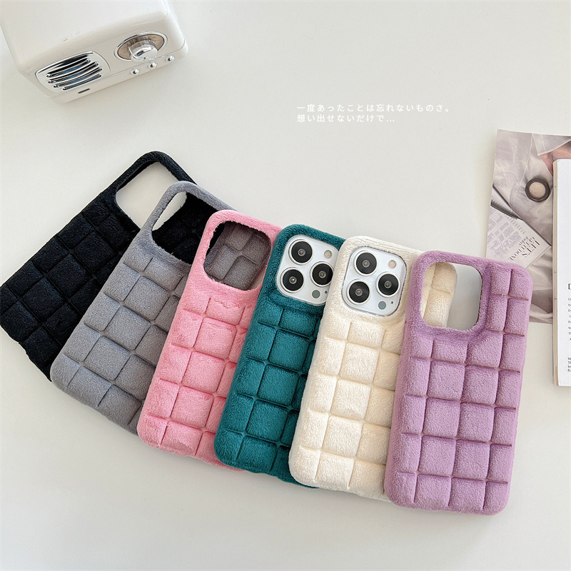 fur winter warm plush square lattice hard case for iphone 14 pro plus max