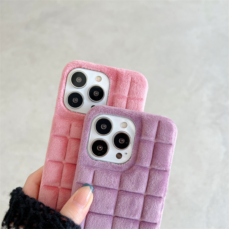 fur winter warm plush square lattice hard case for iphone 14 pro plus max