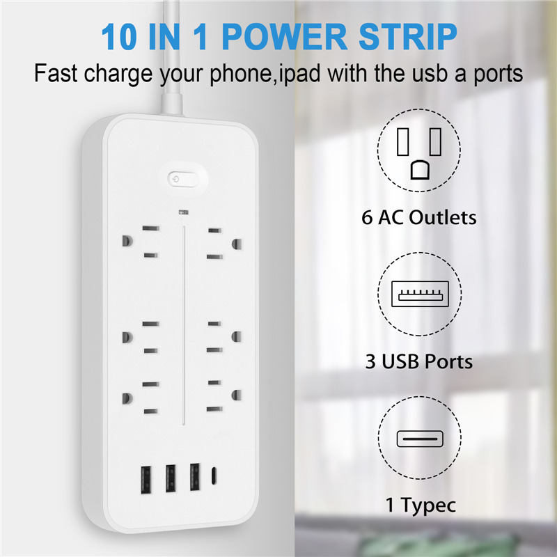 10 in 1 usb power strip 6 ac outlets 3 usb 1 type c ports