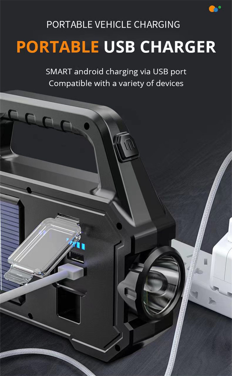 Solar USB rechargeable COB/LED portable flashlight