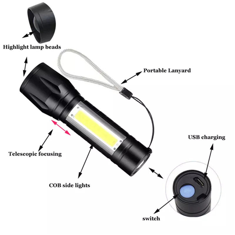 511 zoom aluminum led flashlight mini side COB torch