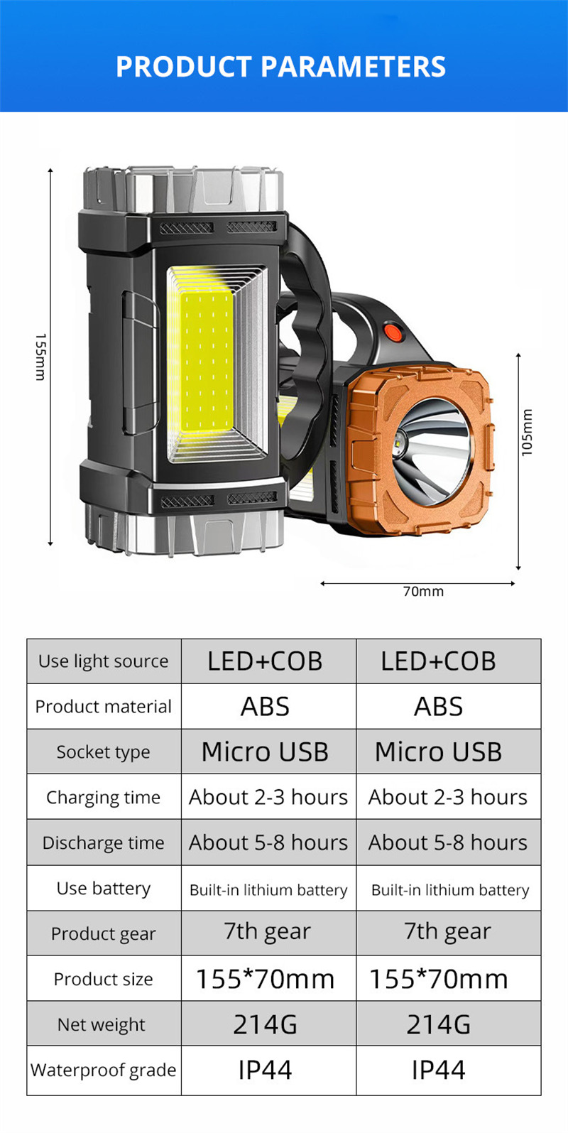 super bright rechargeable LED flashlight cob working light