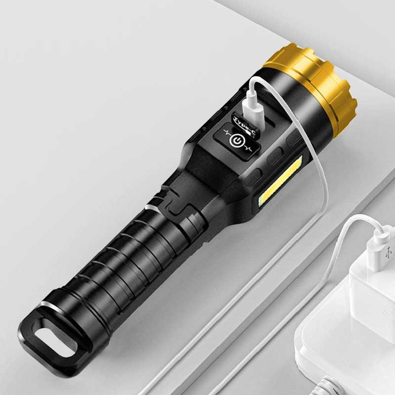 LED long range torch rechargeable flashlight with side COB light
