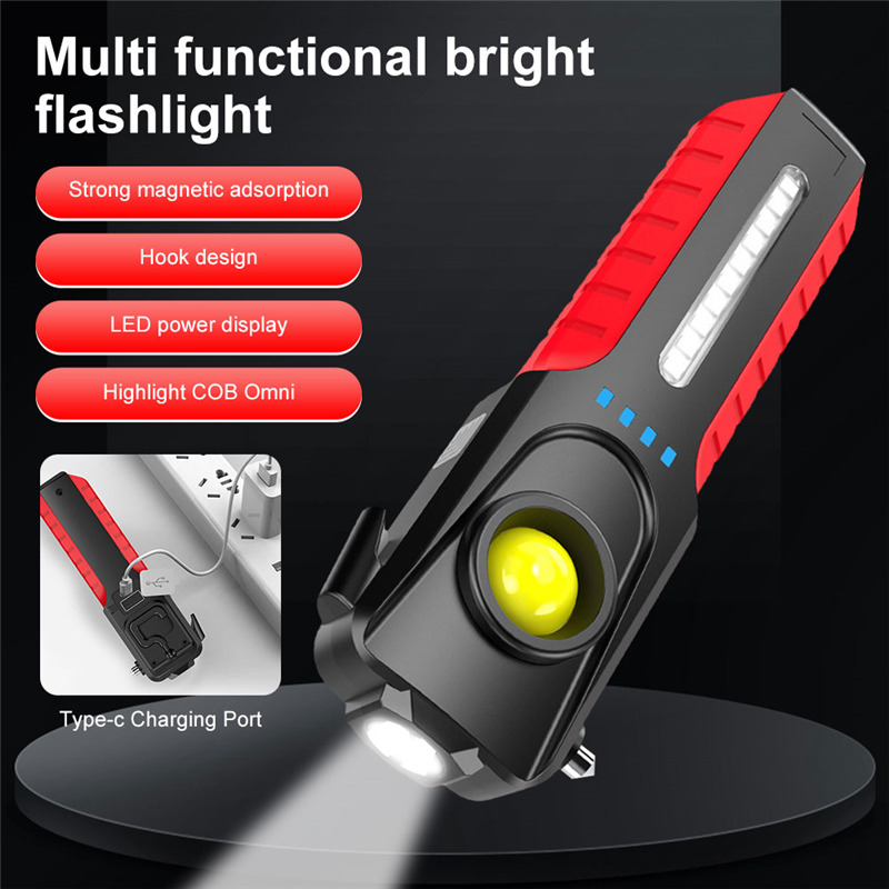super bright LED flashlight safety hammer COB side light torch