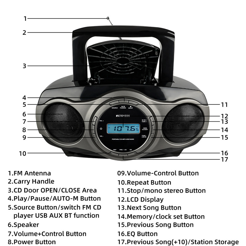 retekess TR631 portable CD boombox radio FM bluetooth speaker