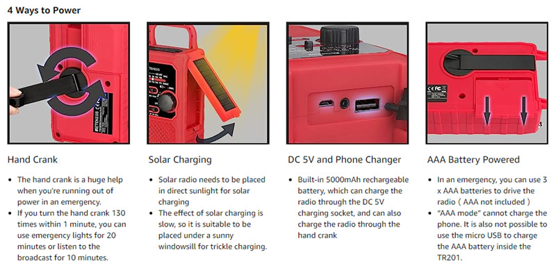 Retekess TR201 AM FM NOAA emergency solar portable radio flashlight