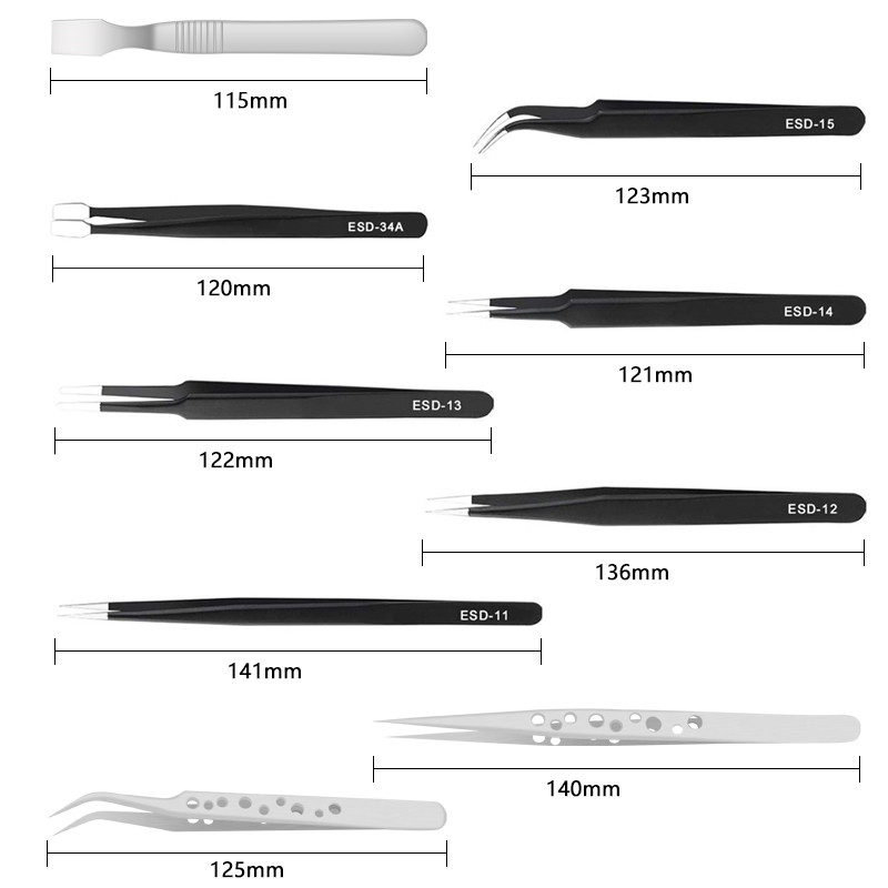 9 in 1 precision tweezers set anti-static stainless steel tweezer