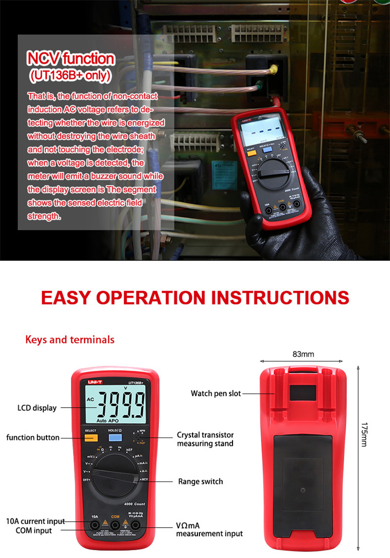 UNI-T UT136B+/UT136C+ auto range digital multimeter palm tool