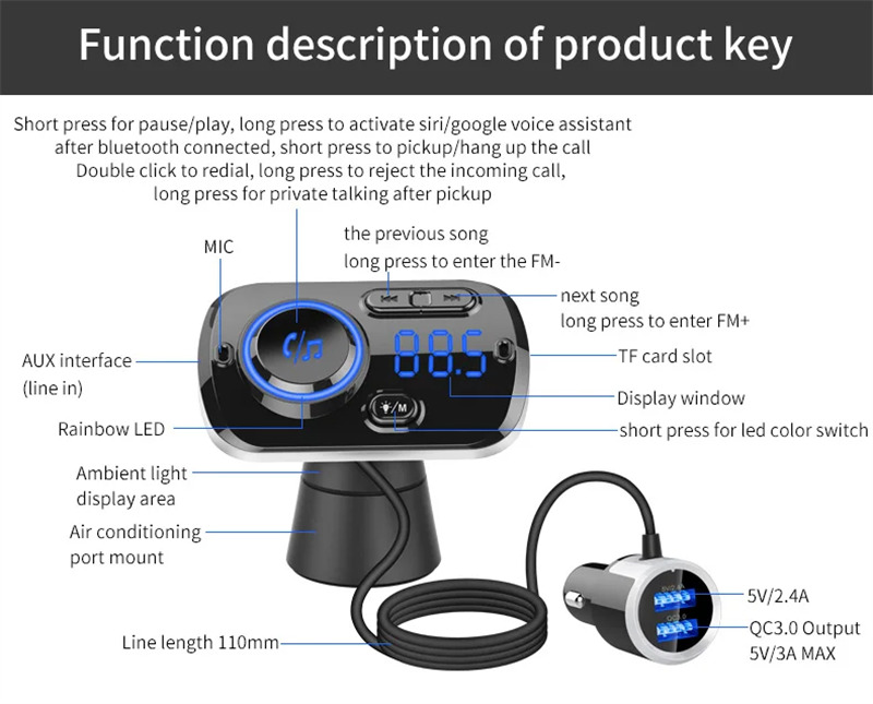 BC49 car fm transmitter bluetooth music player qc fast charger