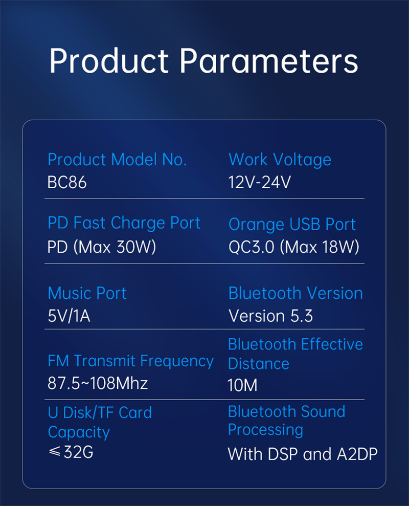 BC86 car fm transmitter aux audio bluetooth MP3 player quick charger