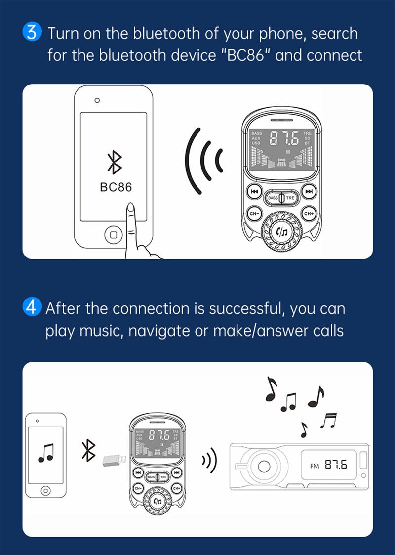 BC86 car fm transmitter aux audio bluetooth MP3 player quick charger