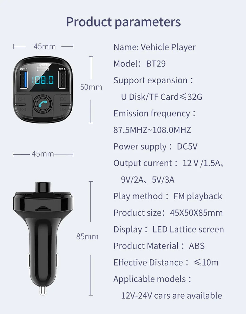 BT29 car kit quick charger FM transmitter bluetooth mp3 player