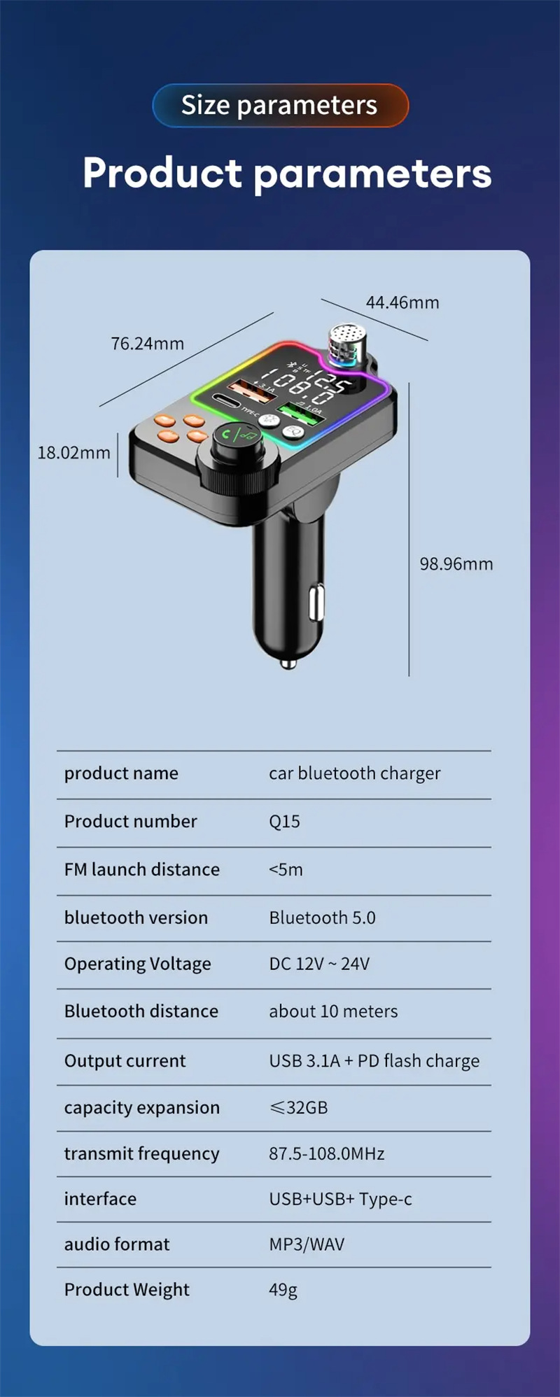 Q15 car bluetooth mp3 player fm transmitter pd charger