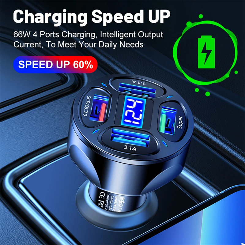 66w 4 ports digital display fast car charger adapter