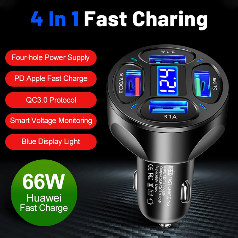 66w 4 ports digital display fast car charger adapter