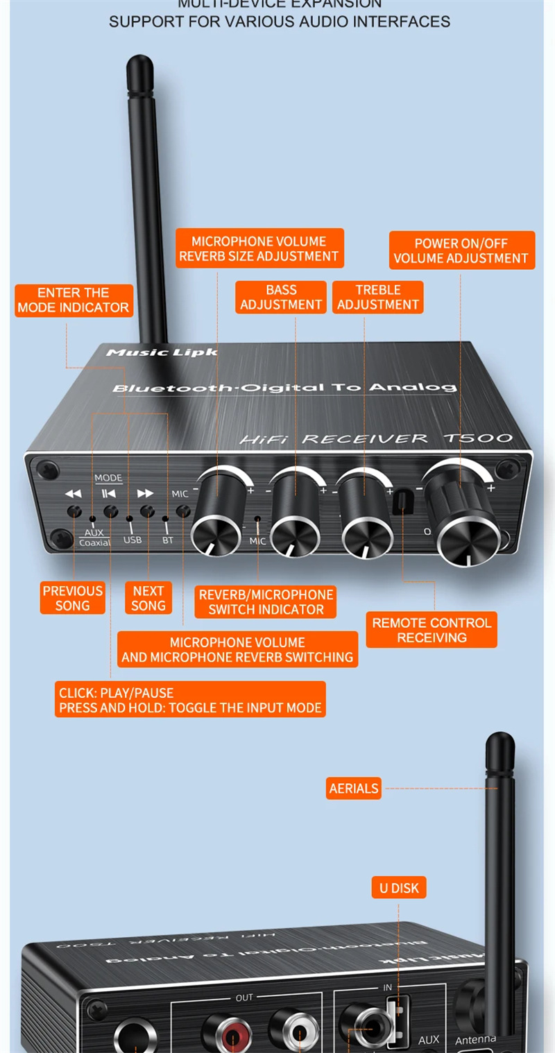 T500 bluetooth receiver wireless aux rca audio adapter