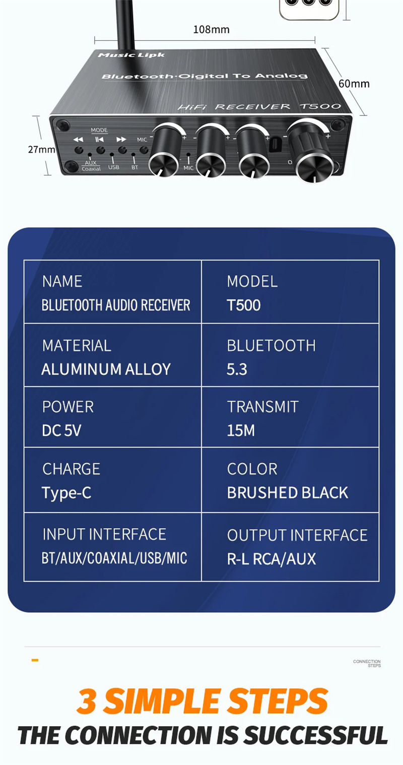 T500 bluetooth receiver wireless aux rca audio adapter