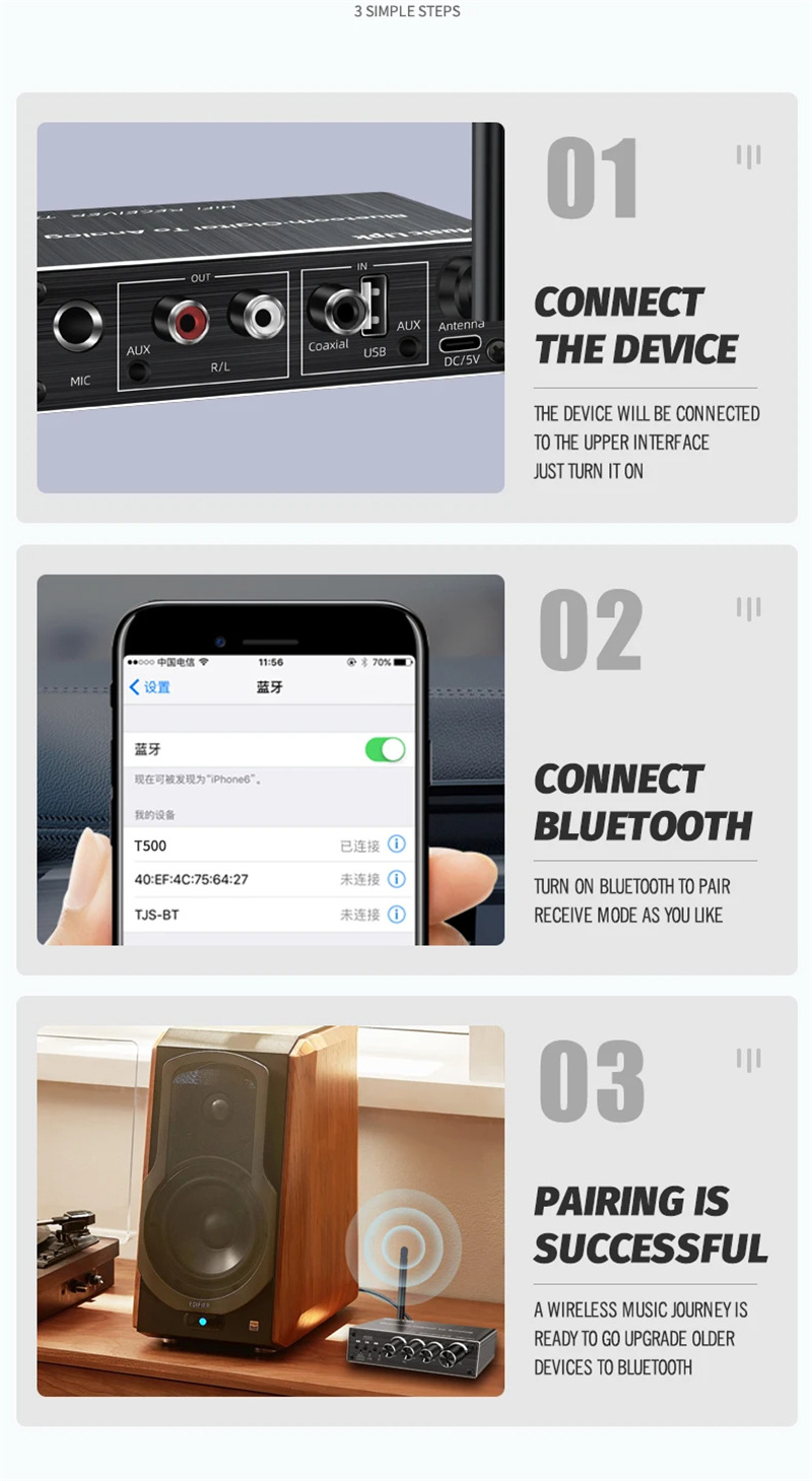 T500 bluetooth receiver wireless aux rca audio adapter