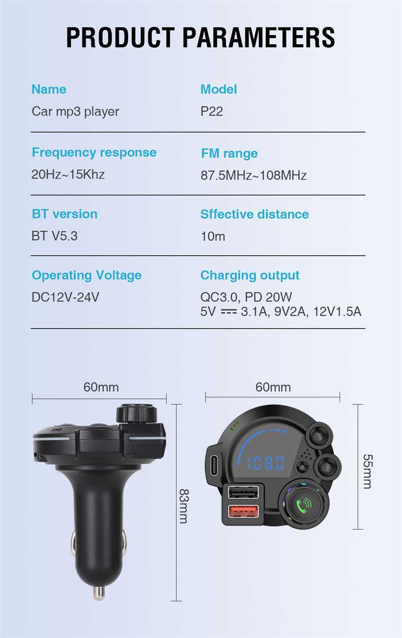 P22 car bluetooth mp3 player fm transmitter qc pd charger