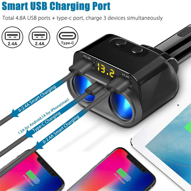 C47 car phone charger dual usb pd18w quick charge