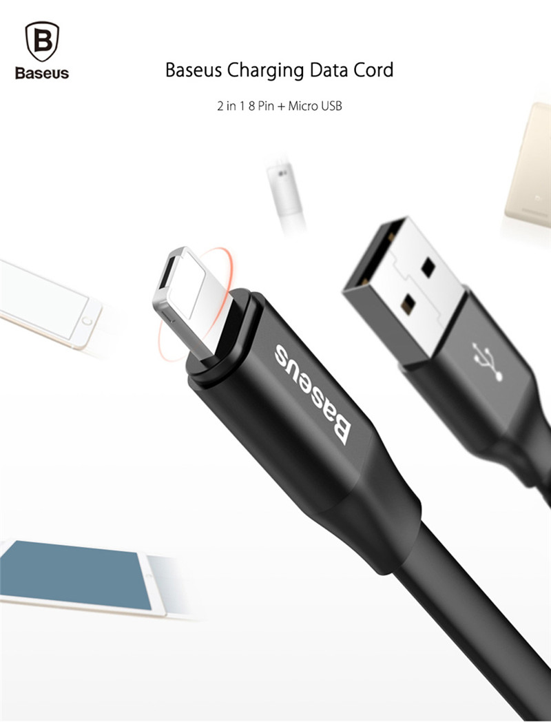 Baseus 2 in 1 8 Pin Micro USB Data Transfer Charging Cord 1.2M
Baseus 2 in 1 8 Pin Micro USB Data Transfer Charging Cord 1.2M