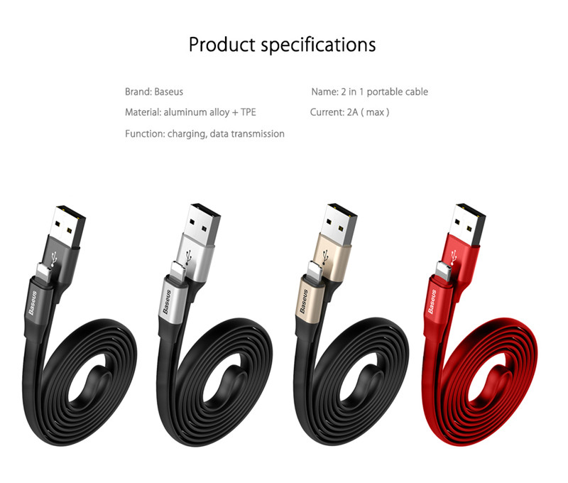 Baseus 2 in 1 8 Pin Micro USB Data Transfer Charging Cord 1.2M
Baseus 2 in 1 8 Pin Micro USB Data Transfer Charging Cord 1.2M