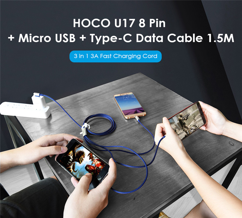 HOCO 3 in 1 8 Pin Micro USB Type-C Charging Data Cable 1.5M HOCO 3 in 1 8 Pin Micro USB Type-C Charging Data Cable 1.5M